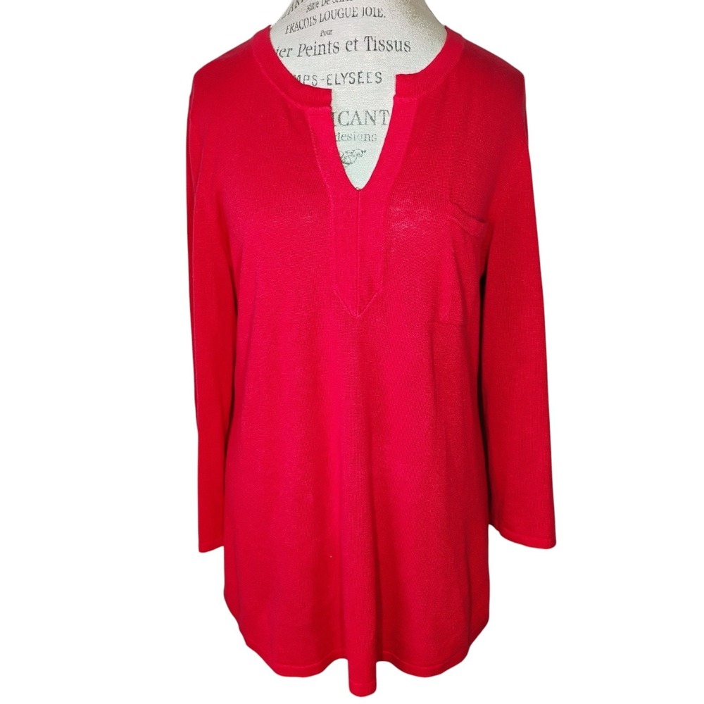 Talbots Linen Blend Tunic Top‎ Red Womens Large Pocket Long Sleeve Classic